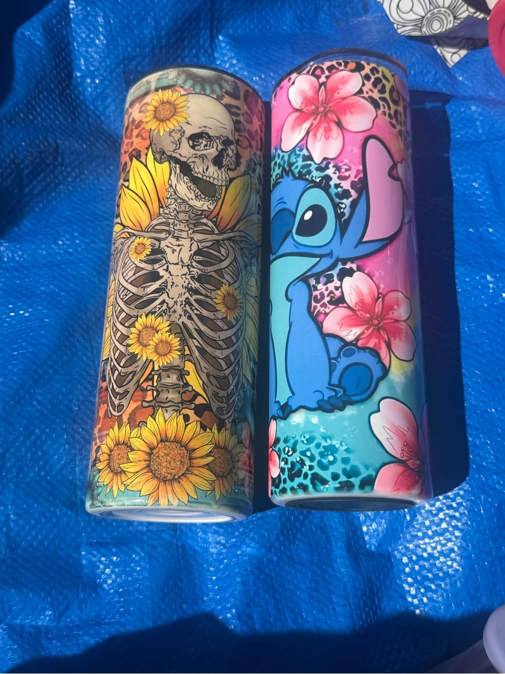 Blue Floral Stitch Stainless Tumbler - Pink & Blue Artwork